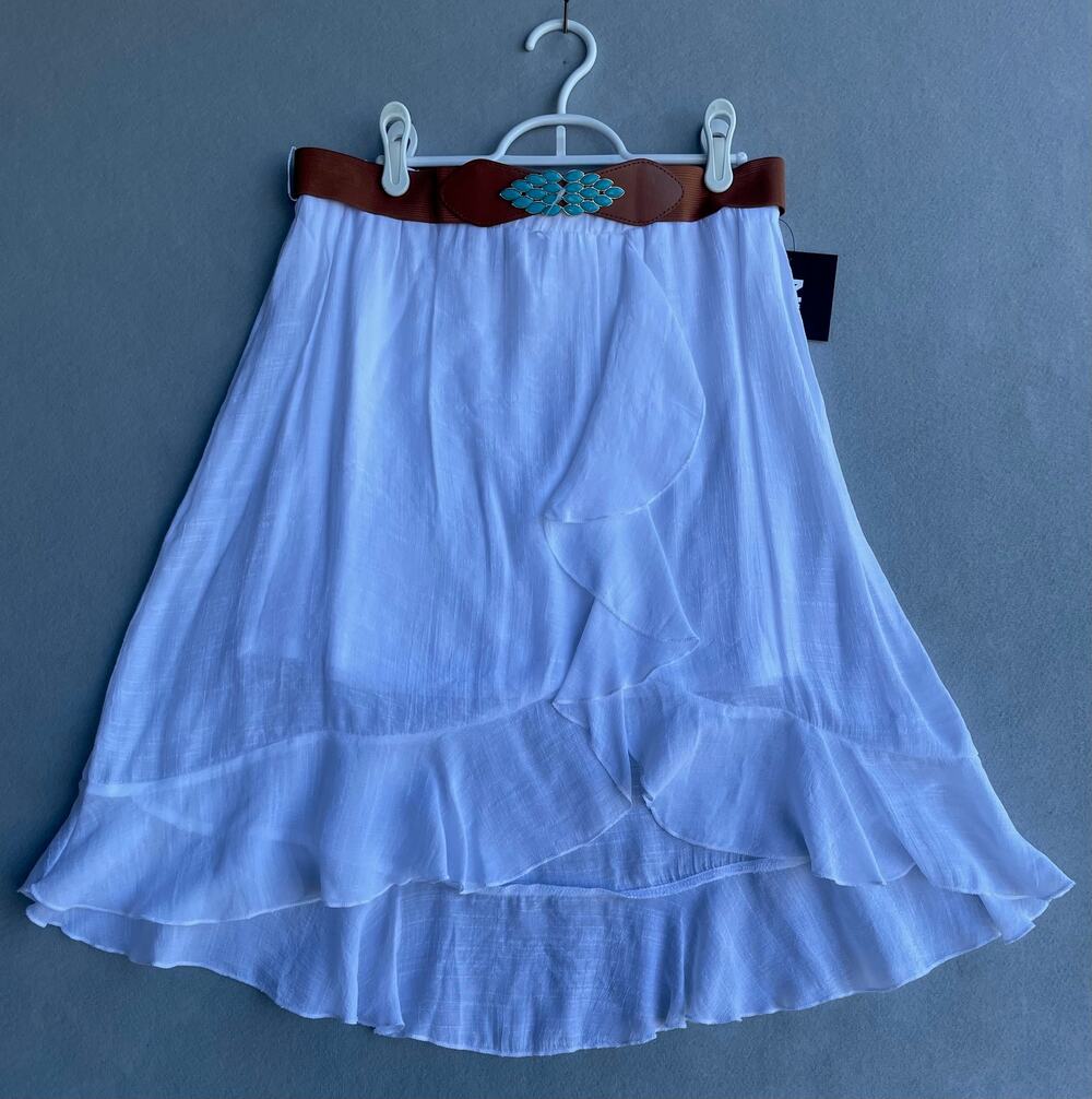 Amy Byer White High-Low Ruffle Girls Skirt & Turquoise Statement Belt - Size L